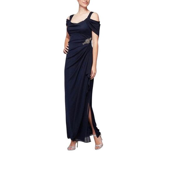 Alex Evenings Navy Blue Women’s Event Gown RhineStone Long Maxi Dress Sz 14 W - Picture 1 of 13